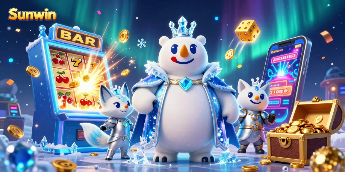 Win big with Sunwin at the 3D cartoon casino, featuring colorful slot machines and dynamic energy.