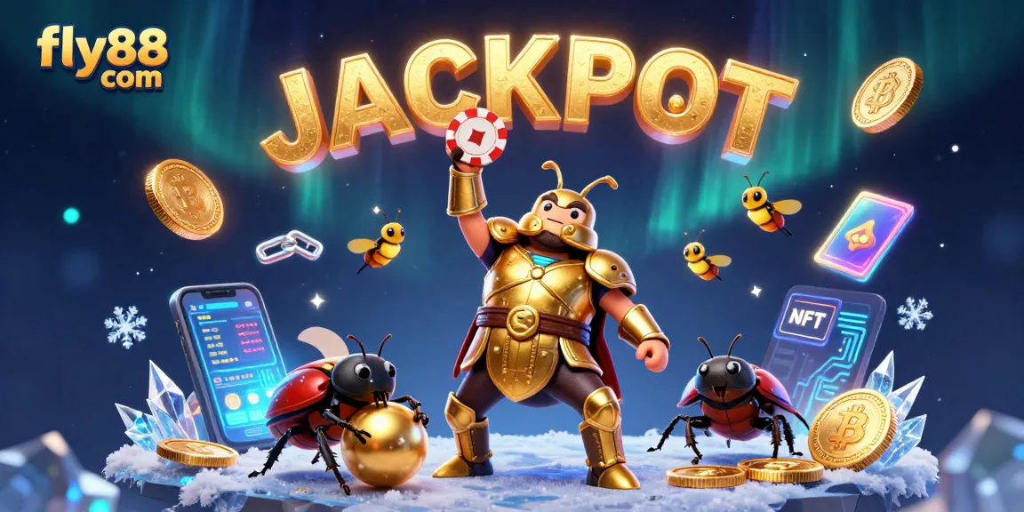 Experience the excitement of fly88 com with a golden-armored beetle celebrating a jackpot amidst vibrant casino elements.