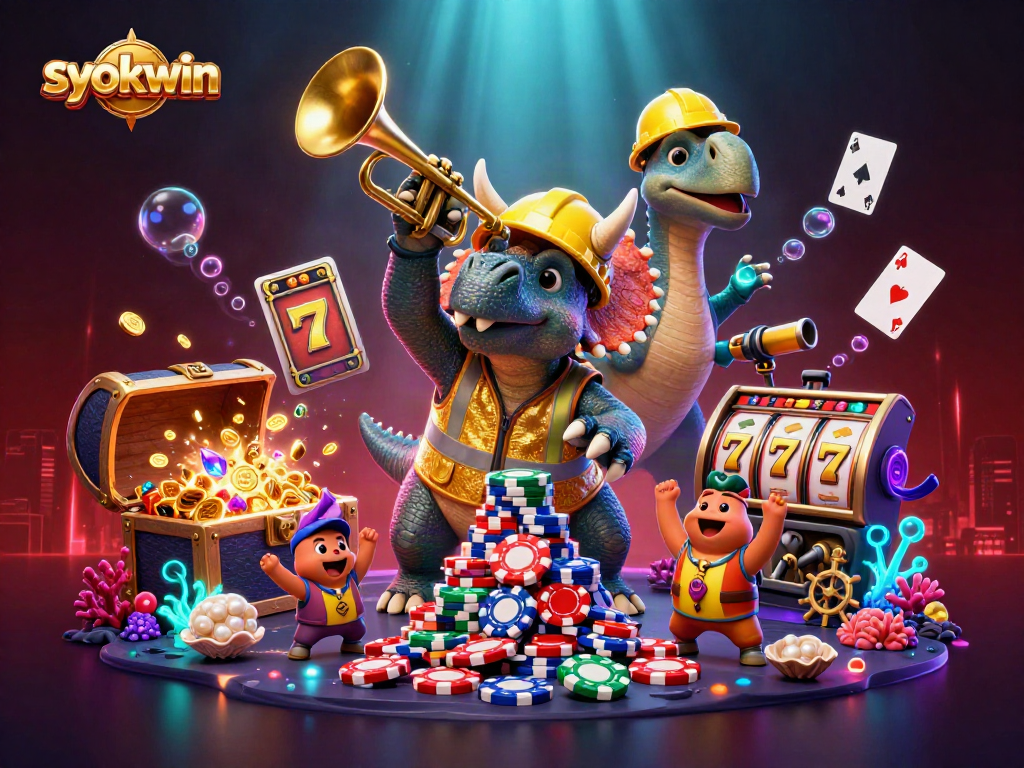 Syokwin showcases a vibrant celebration of gaming with animated triceratops and underwater jewels.
