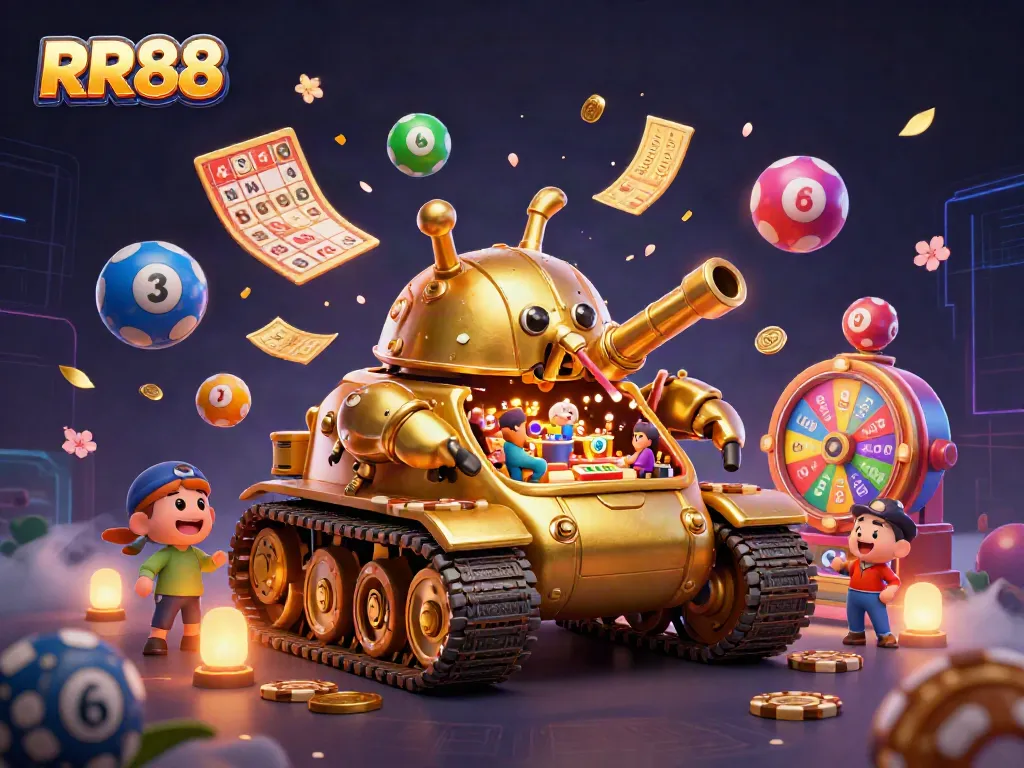 Engage in the enchanting world of RR88 with a vibrant 3D casino scene filled with lottery excitement.