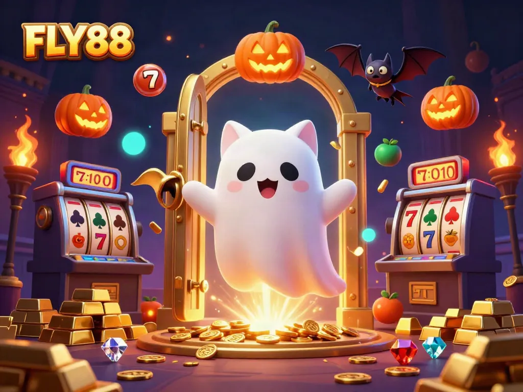 FLY88 cat floating in a haunted casino with jackpot elements shining brightly.