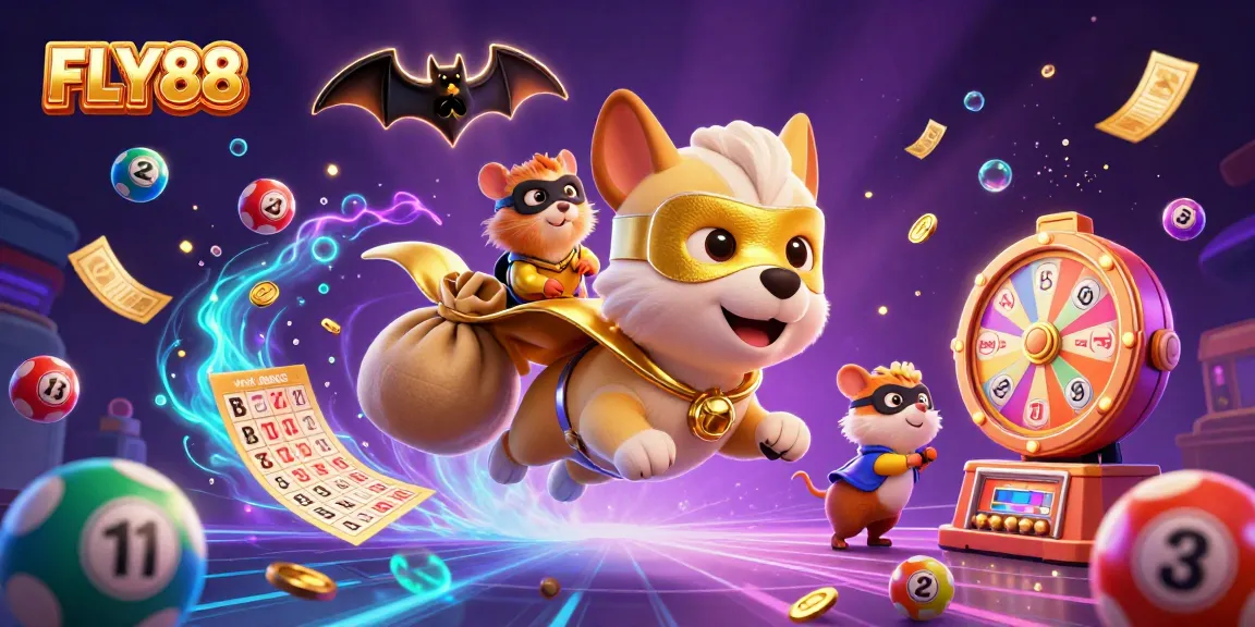 FLY88 offers exhilarating gaming experiences as a superhero dog flies with gold coins amidst vibrant casino elements.