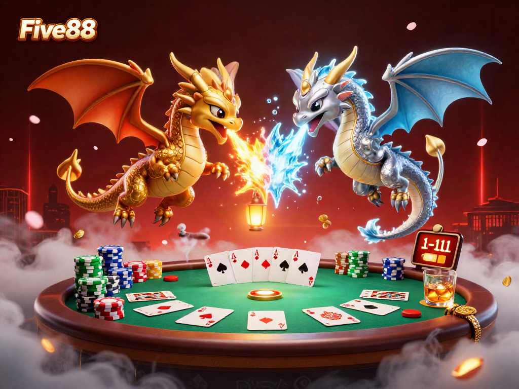 Experience thrilling action with Five88 at a vibrant casino scene featuring dragon companions.