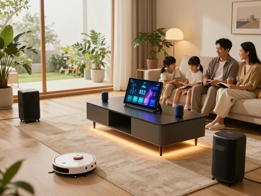 Tech gadgets for home showcased in a modern living room with smart devices enhancing comfort and style.