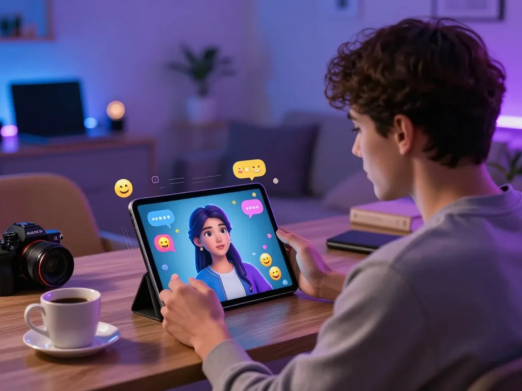 Engaging 18+ AI chat scene with vibrant character interactions and cozy digital environment.