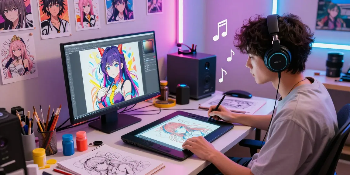 Creating vibrant AI ecchi art in a colorful digital studio with tools and inspiration.