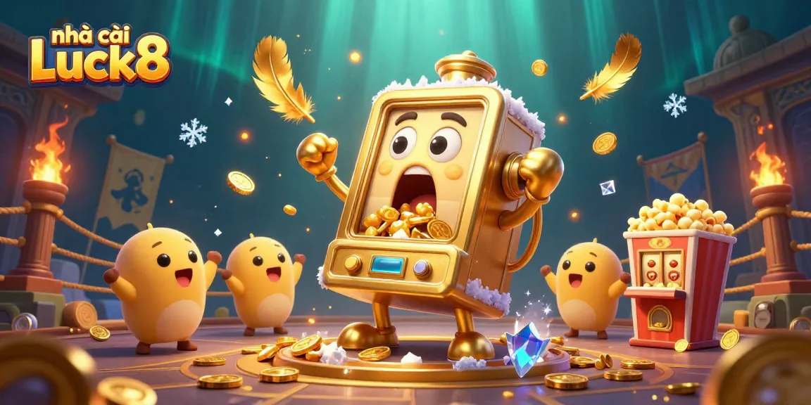 Experience the excitement of nhà cái Luck8 as the animated slot machine hits its jackpot amidst a dynamic casino scene.