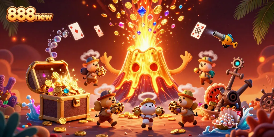 Engage with 888new's thrilling casino experience, featuring a golden volcano erupting gems and coins amidst treasure