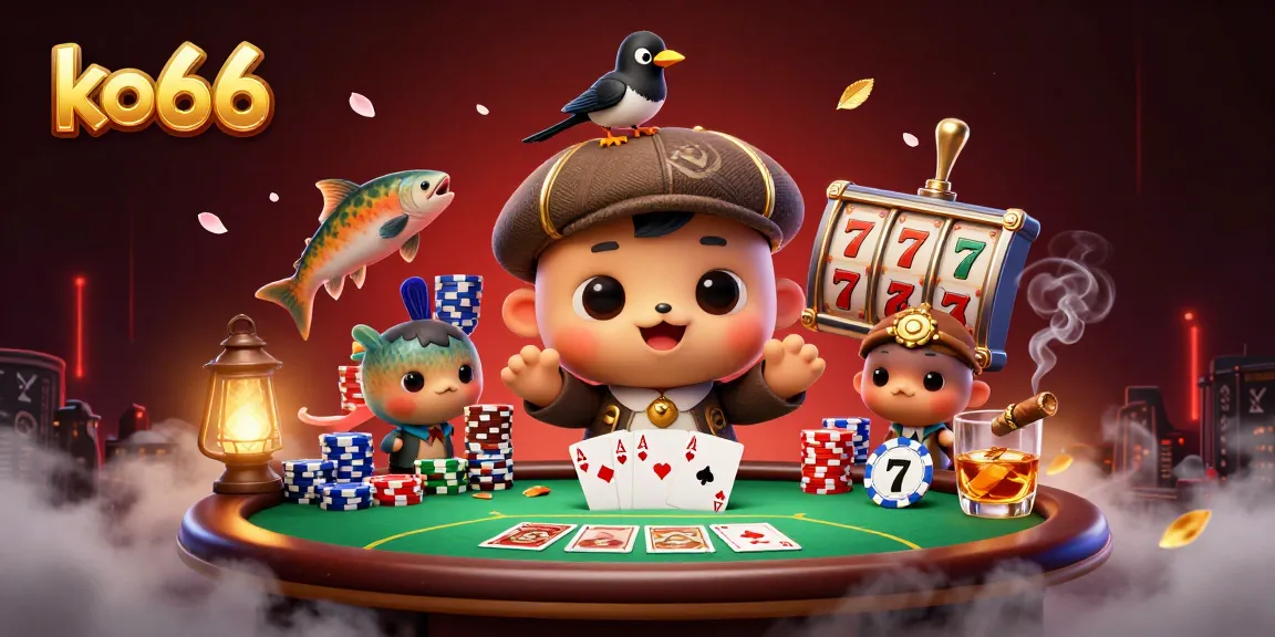 Engage with ko66 at a lively casino scene showcasing playful characters, poker action, and vibrant atmosphere.