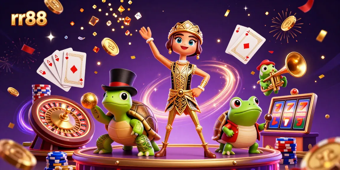 Engage with rr88’s vibrant gaming world, featuring lively characters and dynamic casino elements.
