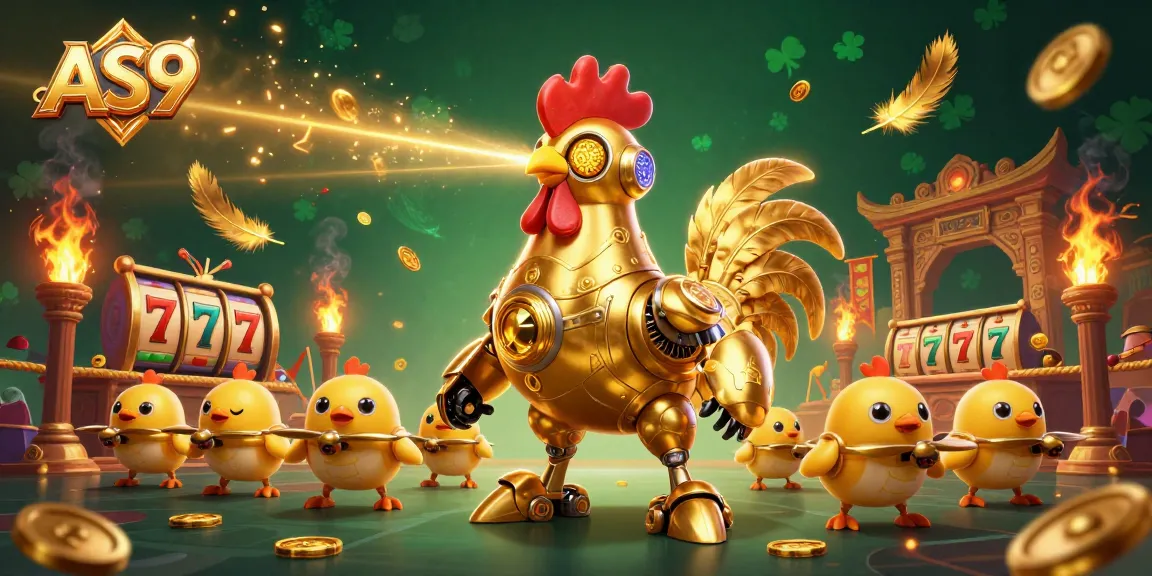 Engage with AS9's thrilling casino adventure with a golden rooster robot and vibrant slot game elements.