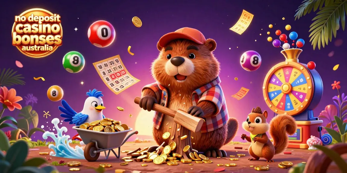 Engaging illustration showcasing no deposit casino bonuses Australia with a beaver and friends collecting coins.