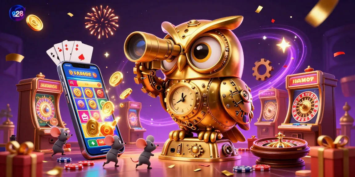 Experience g28 with a golden owl overseeing an exciting casino scene filled with slot machines and festive elements.