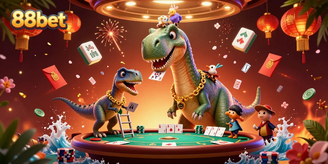Engage with thrilling gameplay at 88bet featuring a humorous 3D scene with a brontosaurus and raptor.