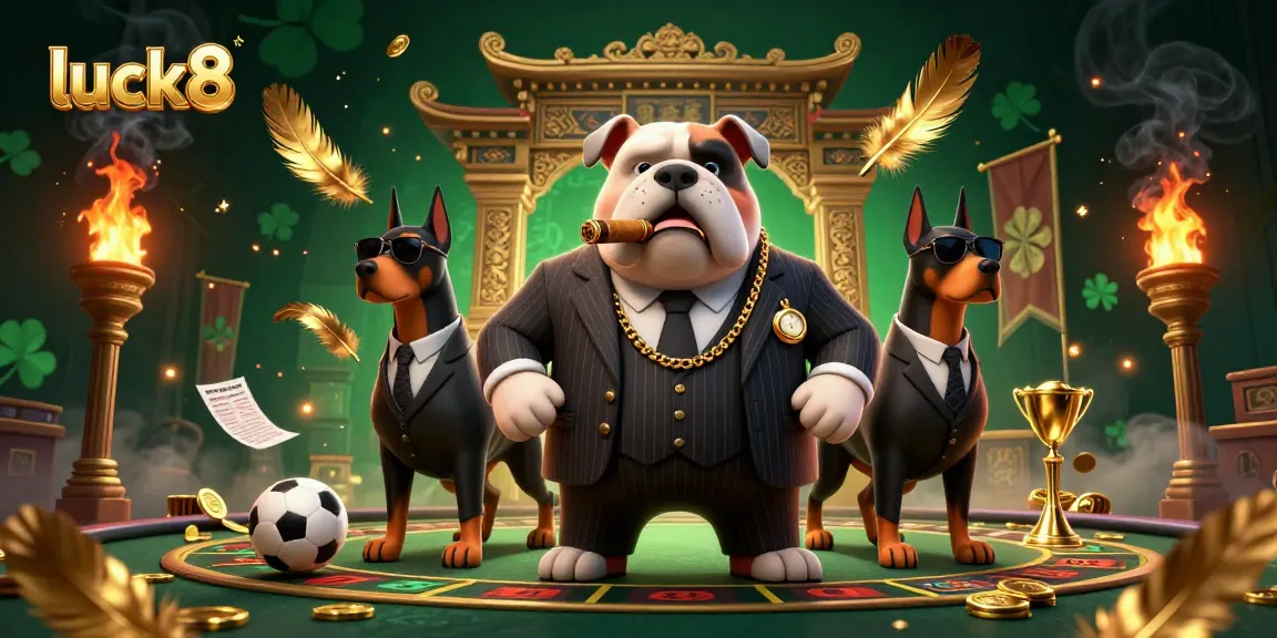 Join the excitement of luck8 with the cartoon mafia bulldog and Doberman bodyguards in a thrilling sports betting scene.