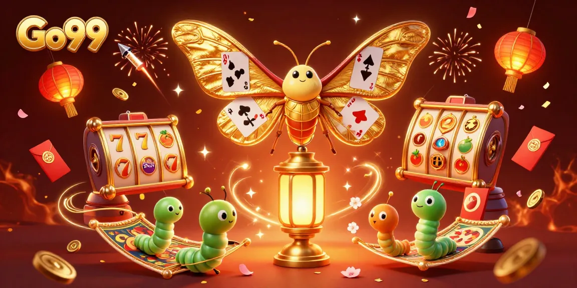 Experience Go99's thrilling slot journey with golden moths and vibrant casino scenes!
