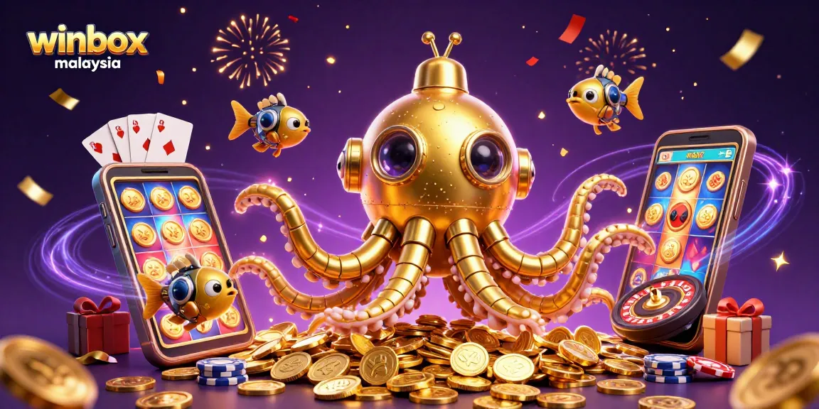 Winbox Malaysia players enjoy vibrant online gaming with slots, casino elements, and golden coins.