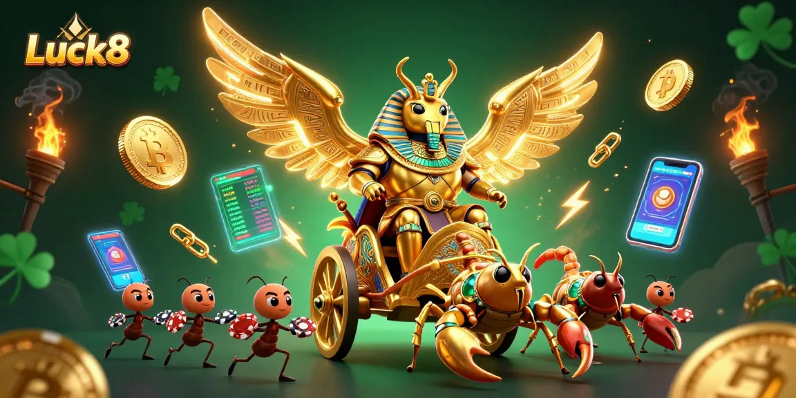 Experience thrilling action at Luck8 with a colossal golden scarab in a vibrant casino scene.
