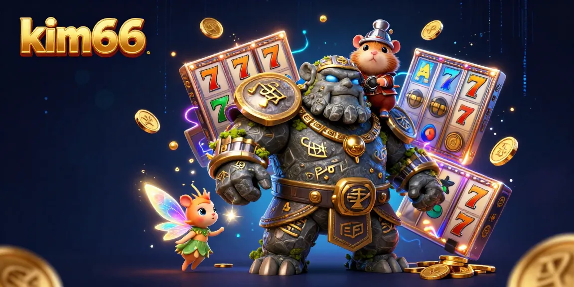 Experience thrilling jackpots with kim66's vibrant 3D casino scene featuring enchanting characters and dynamic slot elements.