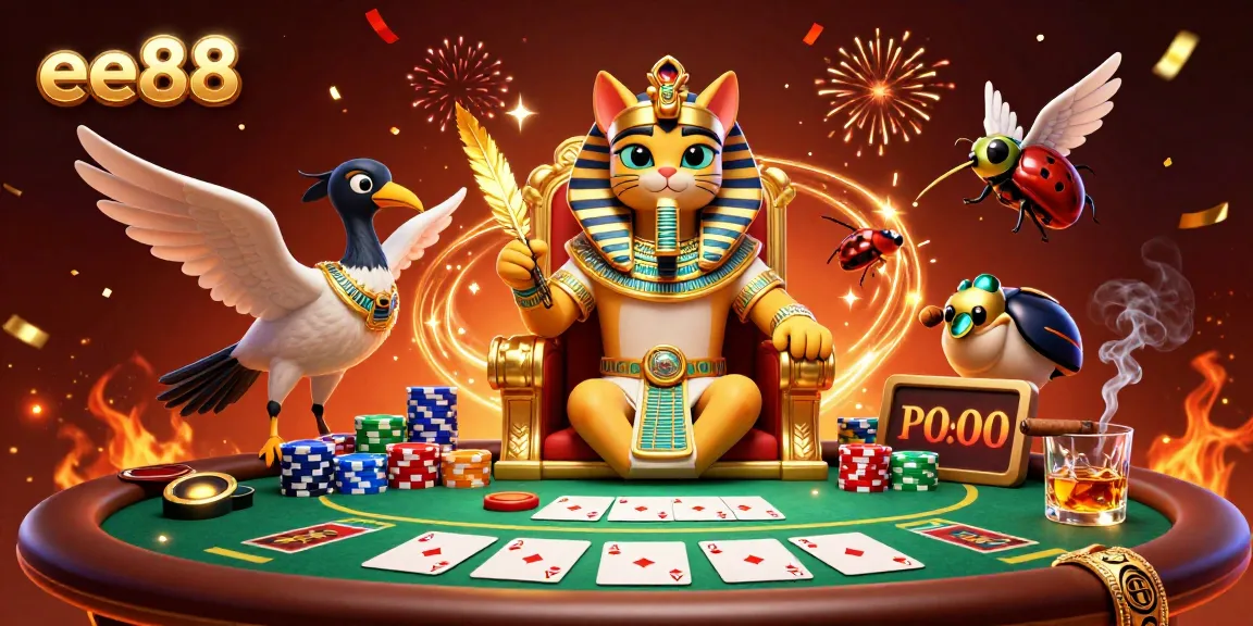 Experience vibrant gameplay with ee88 as a cartoon Egyptian pharaoh cat and friends engage at a dynamic poker table.