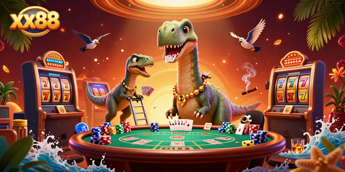 Experience thrill with xx88 as a brontosaurus monitors a lively poker game in an extravagant casino scene.