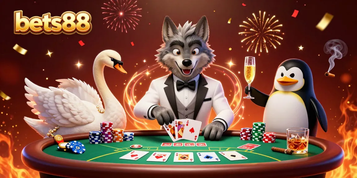 Join the fun at bets88 with a lively casino scene featuring a wolf, swan, and penguin!