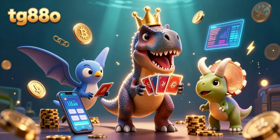 Engage with tg88o while a playful T-Rex shuffles cards, surrounded by crypto coins and vibrant gaming elements.