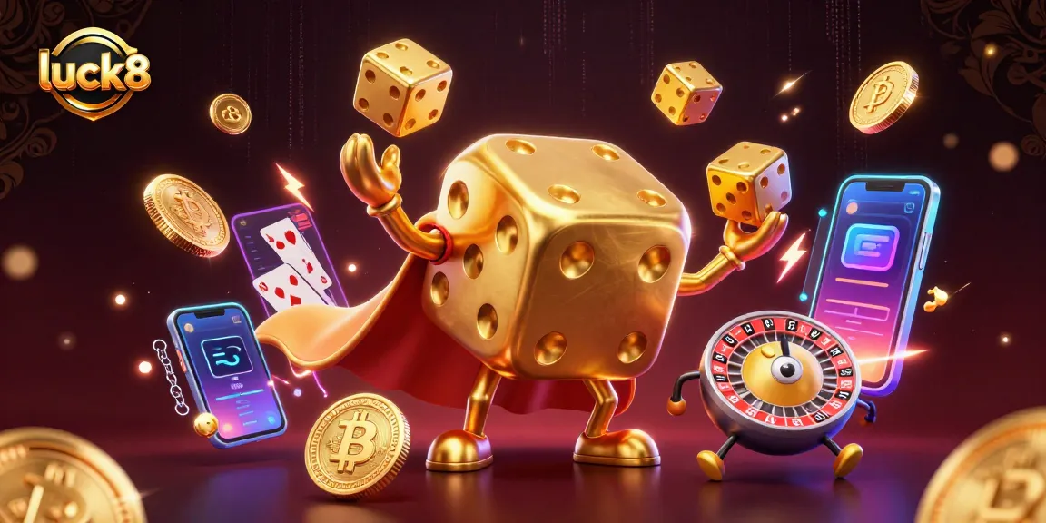 Engage with luck8's vibrant casino scene featuring interactive characters and digital elements.