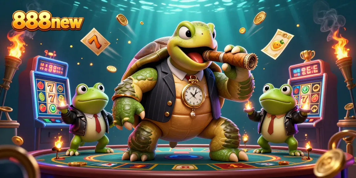 Engage with the vibrant energy of 888new's thrilling slot games alongside a cartoon turtle and bullfrogs.