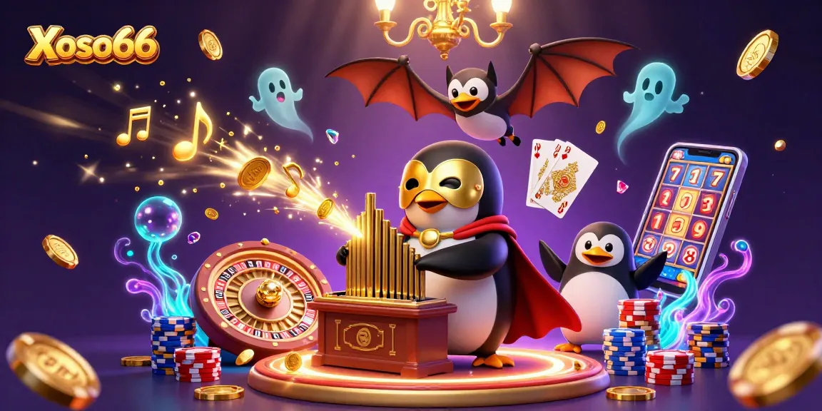 Xoso66 invites players to enjoy thrilling online gaming with a 3D cartoon penguin playing the organ while golden coins rain down.