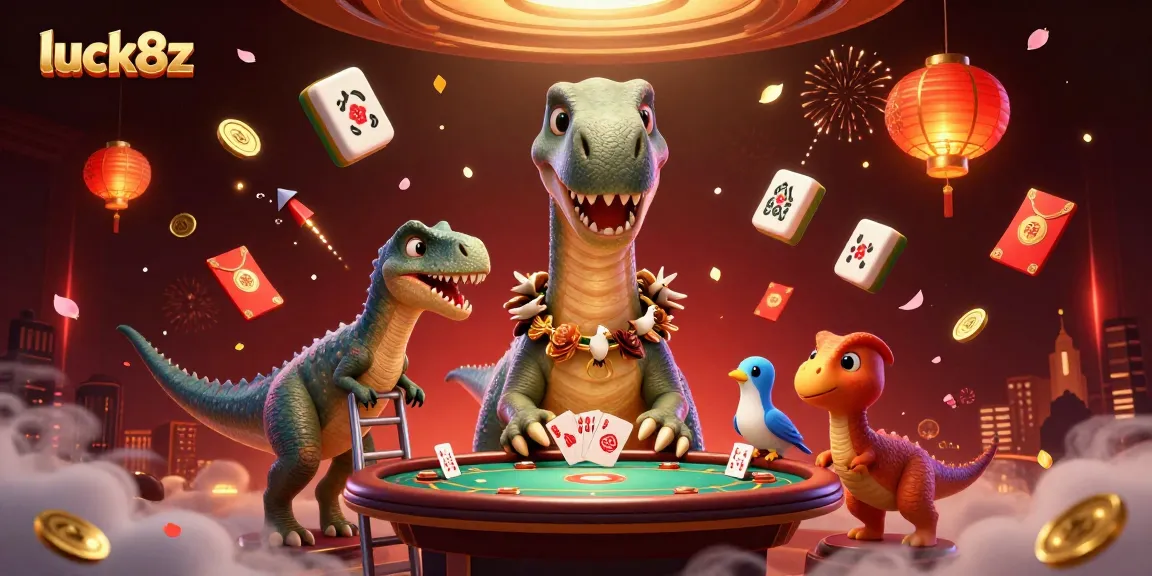 Discover thrilling gameplay at luck8z with a fantastical brontosaurus overseeing a poker game, capturing casino excitement.