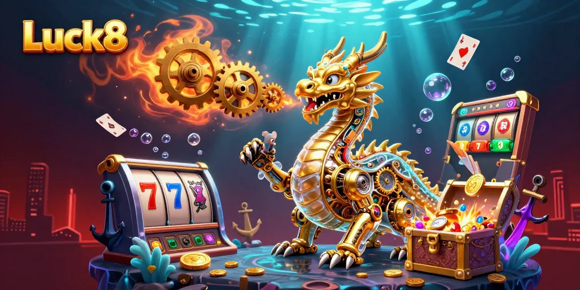Experience the thrill with Luck8's golden dragon and jackpot scenes, showcasing vibrant casino elements.