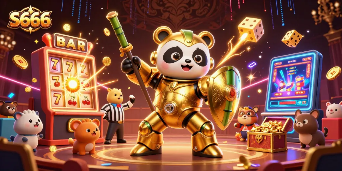 S666 casino scene with a golden panda in a mech-suit amidst a slot machine explosion, showcasing vibrant gambling elements