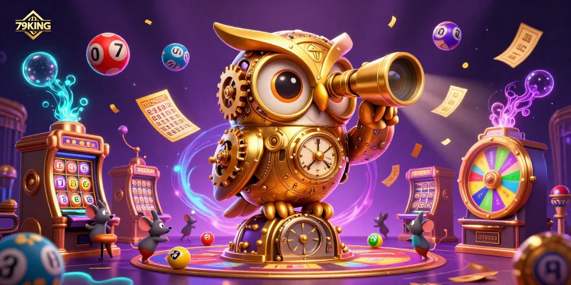 Experience exciting games at 79KING with vibrant slot machines and a whimsical owl in a dynamic casino scene.