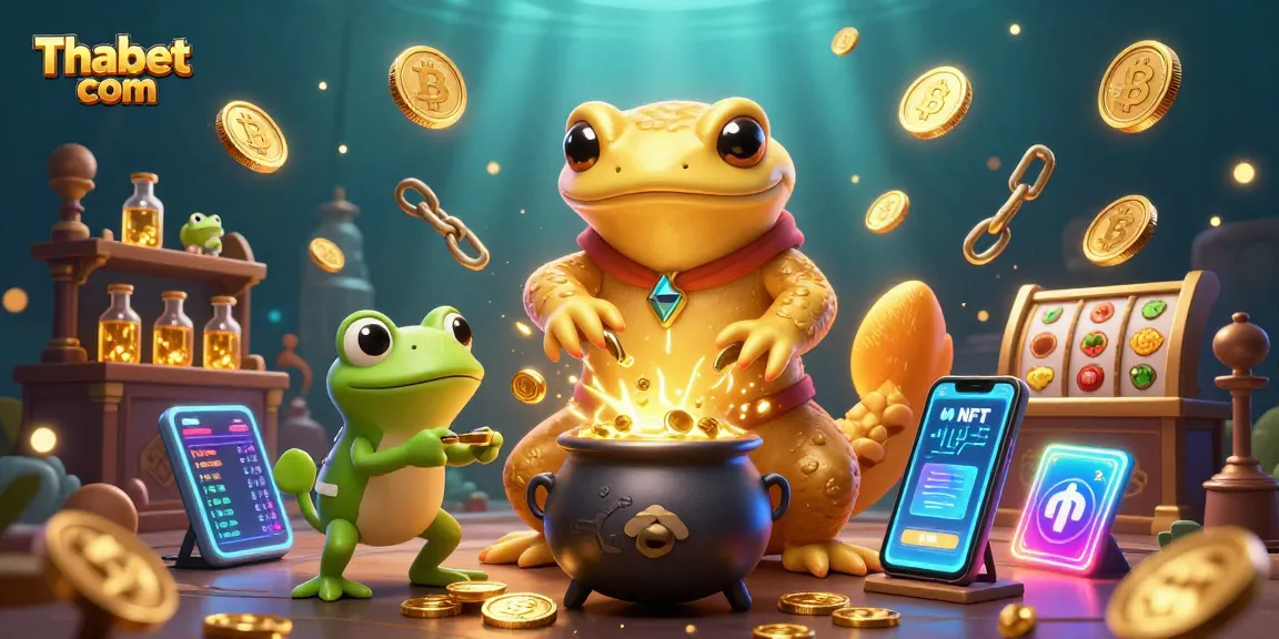 Experience thrilling adventures at Thabet com with a dynamic 3D illustration showcasing gold coin transitions among lively characters.