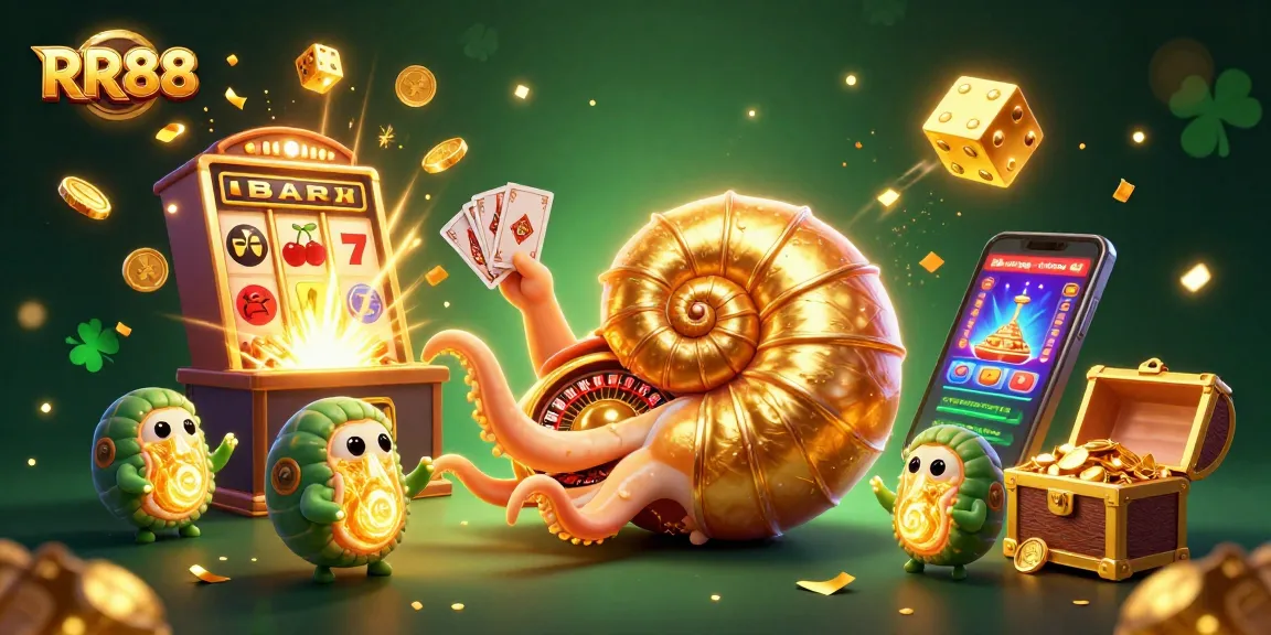 Bet big with RR88, featuring a giant nautilus roulette wheel bursting with jackpots and colorful casino elements.